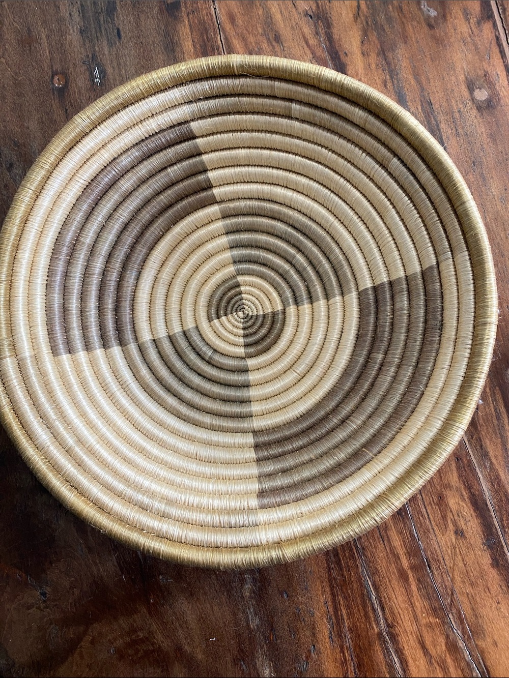Hand woven sisal African basket swirl design green and cream
